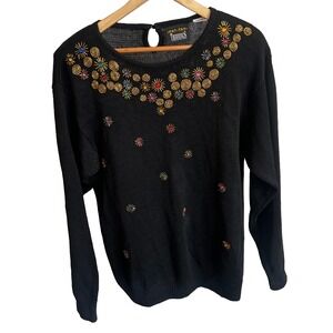 Vintage TRIMMINGS Black Embellished Sweater Crew Neck Christmas Womens Medium